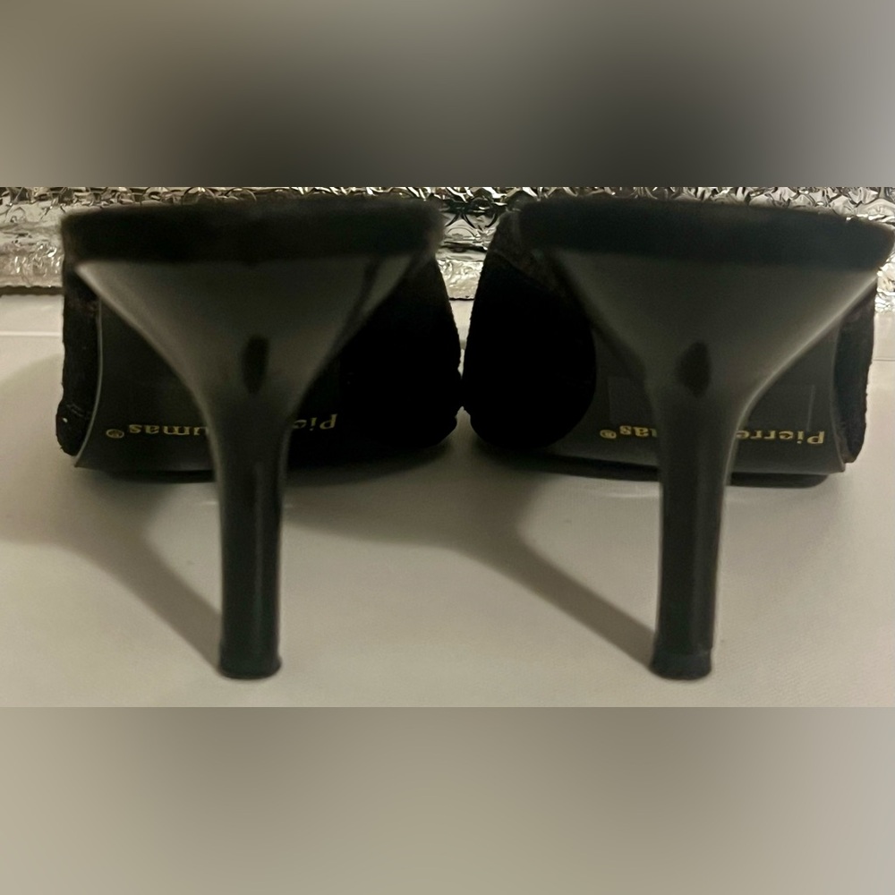 Pierre Dumas Sz 8.5 Black intricate embroidery on suede, Pointed Toe Heels Mules - Picture 7 of 9